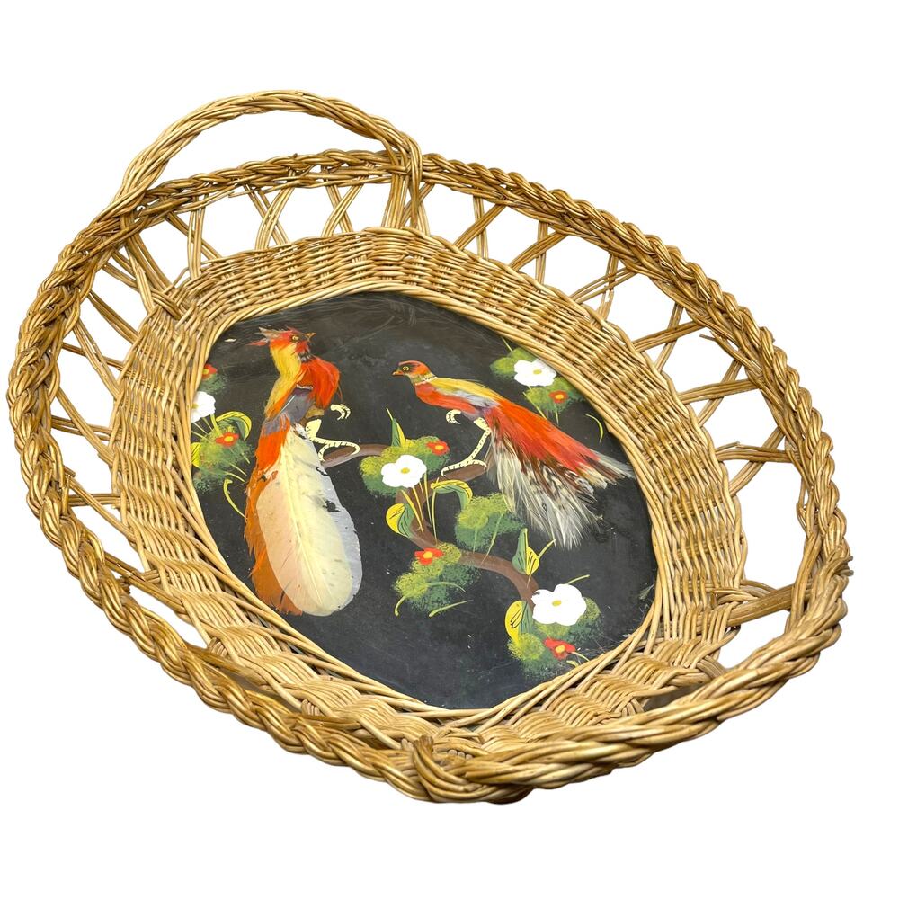 Rattan Mexican Folk Art Basket Vtg Bird Feather Hand Painted MCM Wall Hanging